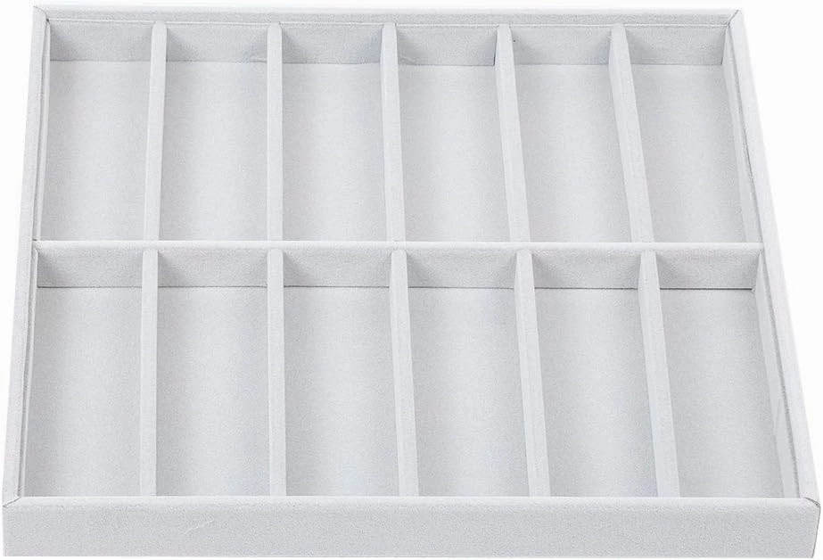Sunglasses Storage Box Wooden Eyeglasses Organizer Tray, 12 Grids Glasses Display Case for Watch Bracelet Jewelry, Velvet Lined Grey Jewelry Box, Keeping Items Organized Well