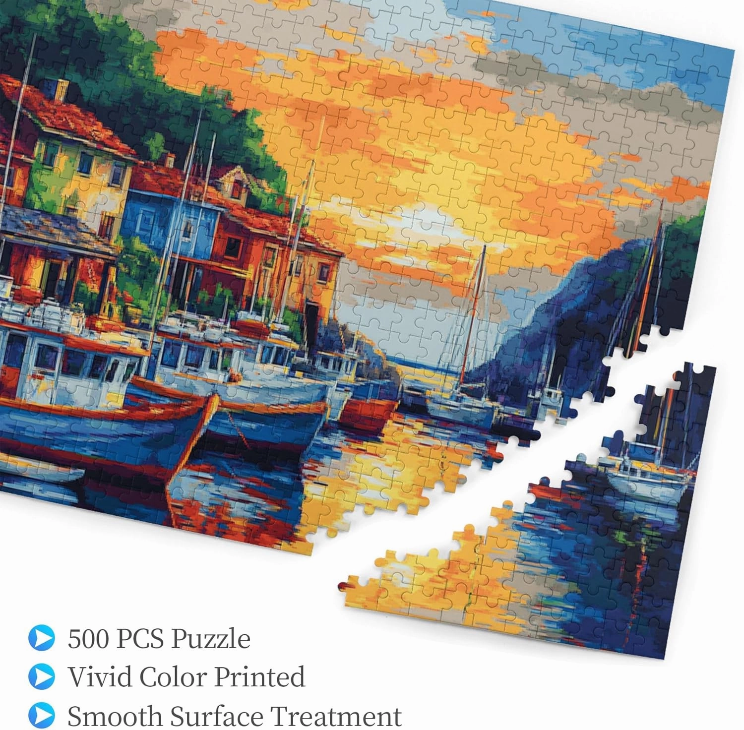 Sunset Fishing Village Puzzle 500 Pieces, Natural Landscape Wooden Puzzle, is Ideal for Landscape Lovers, Creative Entertainment Games and Holiday Party Gifts Art Wall Home Decoration