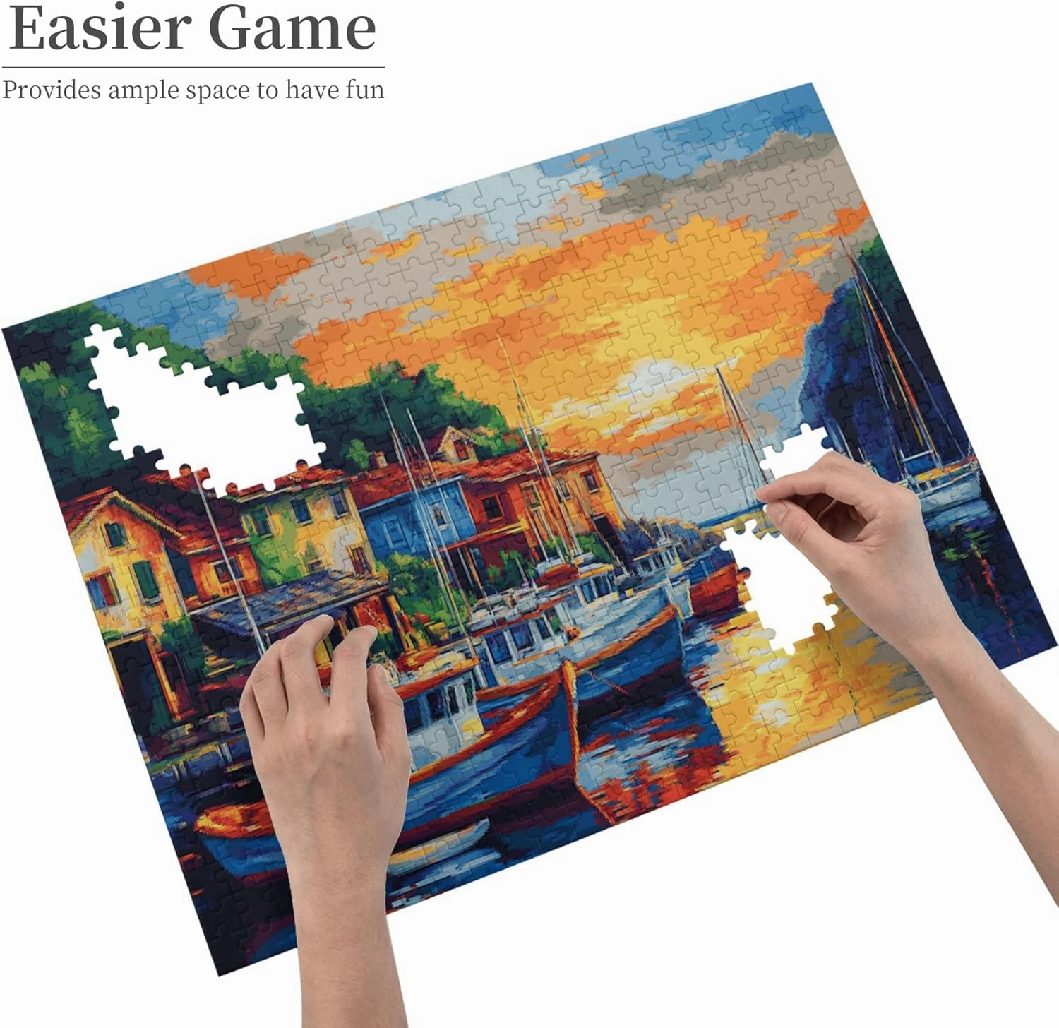 Sunset Fishing Village Puzzle 500 Pieces, Natural Landscape Wooden Puzzle, is Ideal for Landscape Lovers, Creative Entertainment Games and Holiday Party Gifts Art Wall Home Decoration