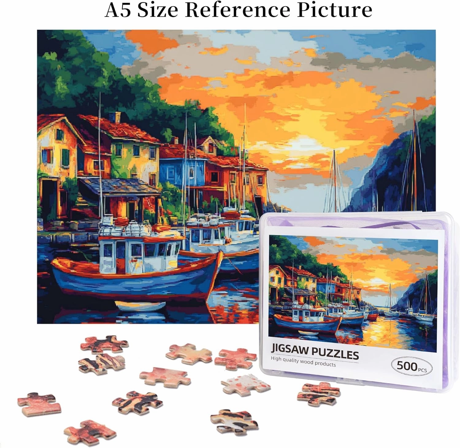 Sunset Fishing Village Puzzle 500 Pieces, Natural Landscape Wooden Puzzle, is Ideal for Landscape Lovers, Creative Entertainment Games and Holiday Party Gifts Art Wall Home Decoration