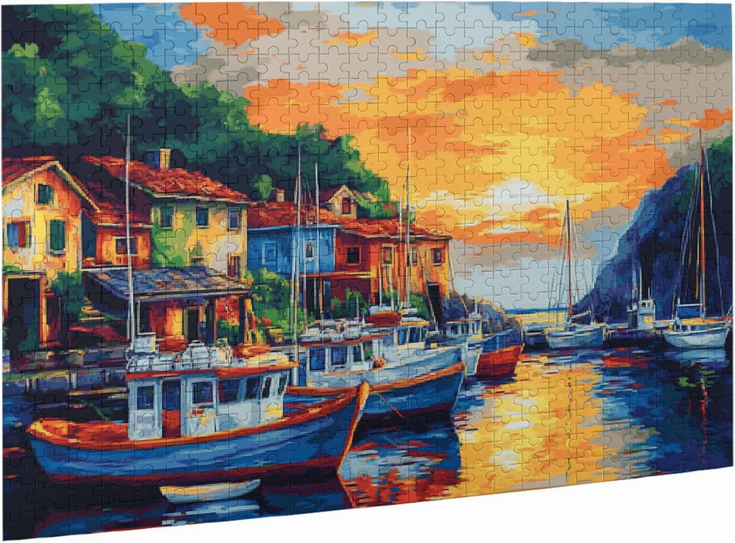 Sunset Fishing Village Puzzle 500 Pieces, Natural Landscape Wooden Puzzle, is Ideal for Landscape Lovers, Creative Entertainment Games and Holiday Party Gifts Art Wall Home Decoration