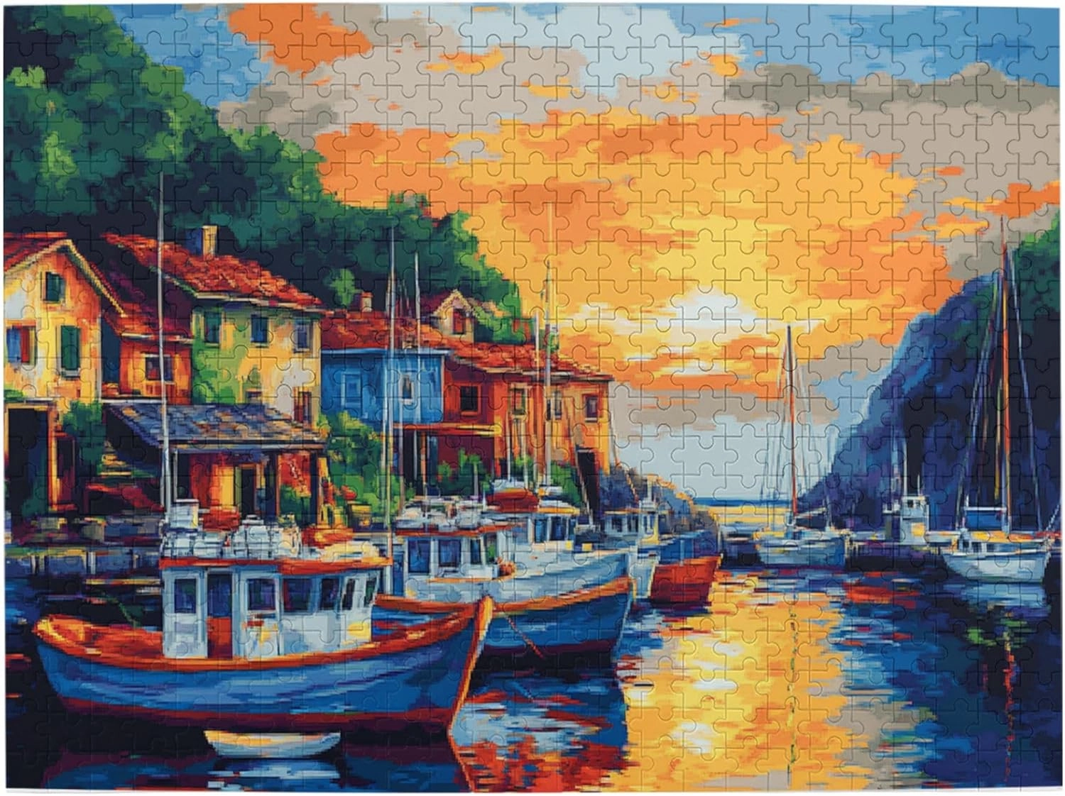 Sunset Fishing Village Puzzle 500 Pieces, Natural Landscape Wooden Puzzle, is Ideal for Landscape Lovers, Creative Entertainment Games and Holiday Party Gifts Art Wall Home Decoration