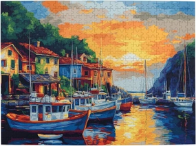 Sunset Fishing Village Puzzle 500 Pieces, Natural Landscape Wooden Puzzle, is Ideal for Landscape Lovers, Creative Entertainment Games and Holiday Party Gifts Art Wall Home Decoration