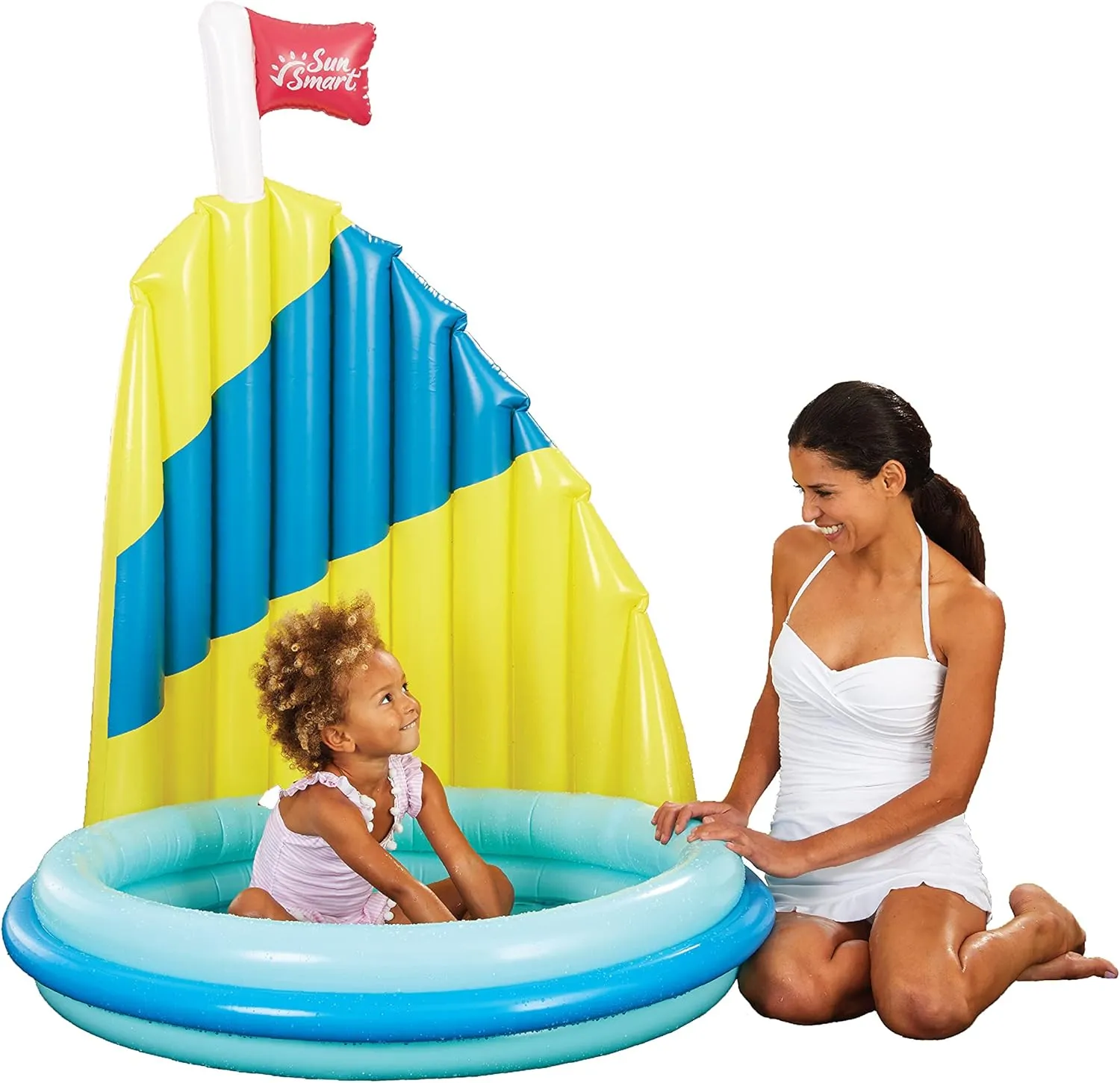 SunSmart Shade N Play Sailboat Kiddie Pool With 360 Rotating Sun Shade Sail, Heavy Duty Double-Ring Mini Inflatable for Kids Splash and Play, Outdoor Water Toy, 40" Small for Toddlers