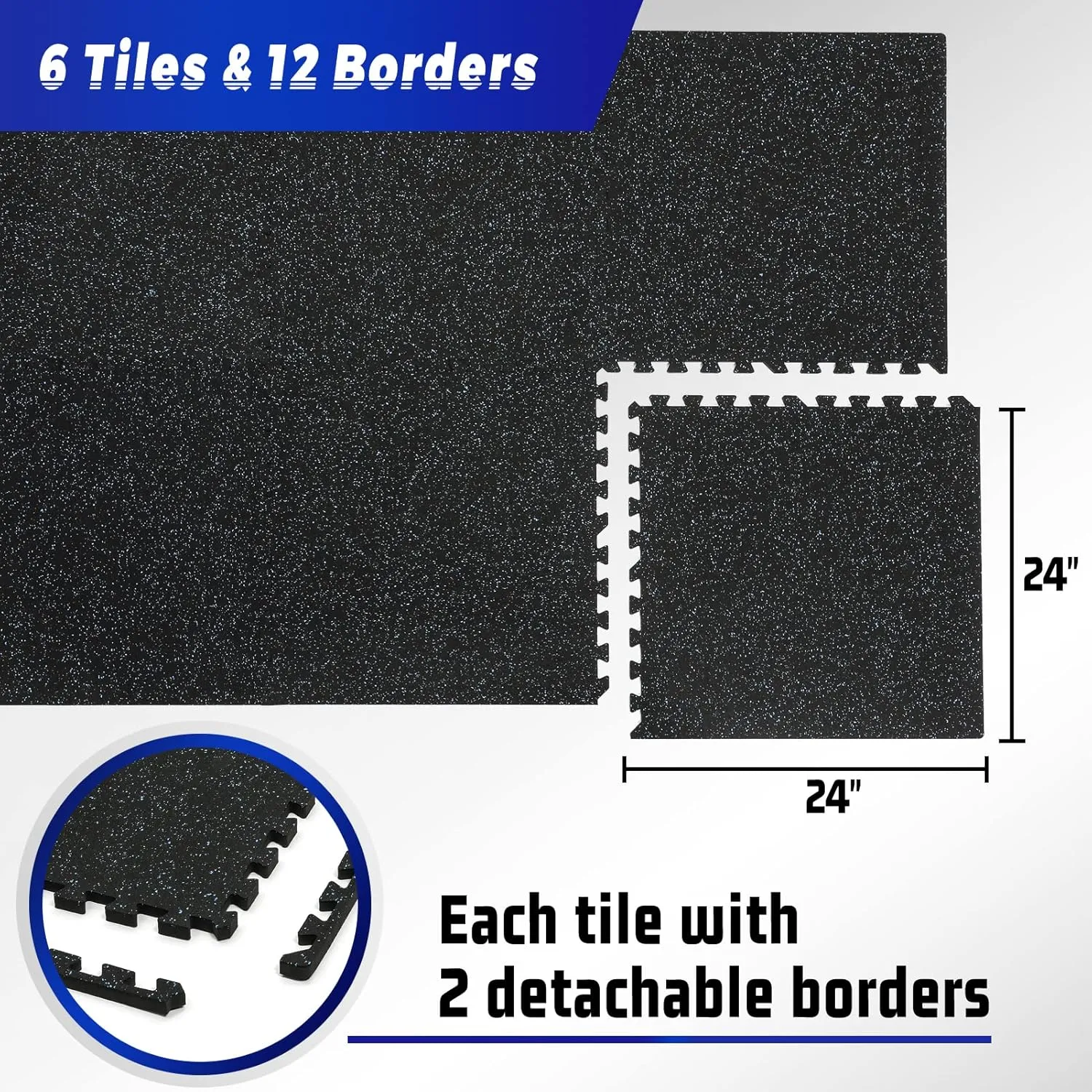 SUPERJARE 0.56'' Thick 6 Pcs 24 Sq Ft Rubber Top Exercise Equipment Mats, High Density EVA Foam Mats with Rubber Top, Interlocking Gym Flooring for Home Gym, Protective Workout Mat, Black/Blue