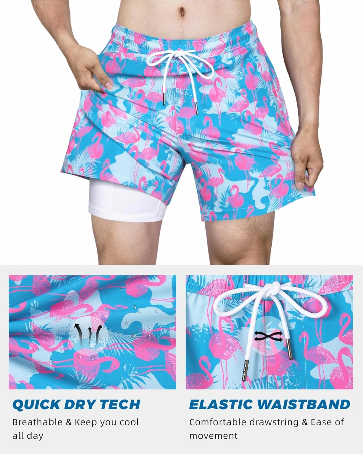 SURF CUZ Mens Swim Trunks with Compression Liner 5" Swim Shorts Quick Dry Bathing Suit Swimming Trunks Zipper Pockets