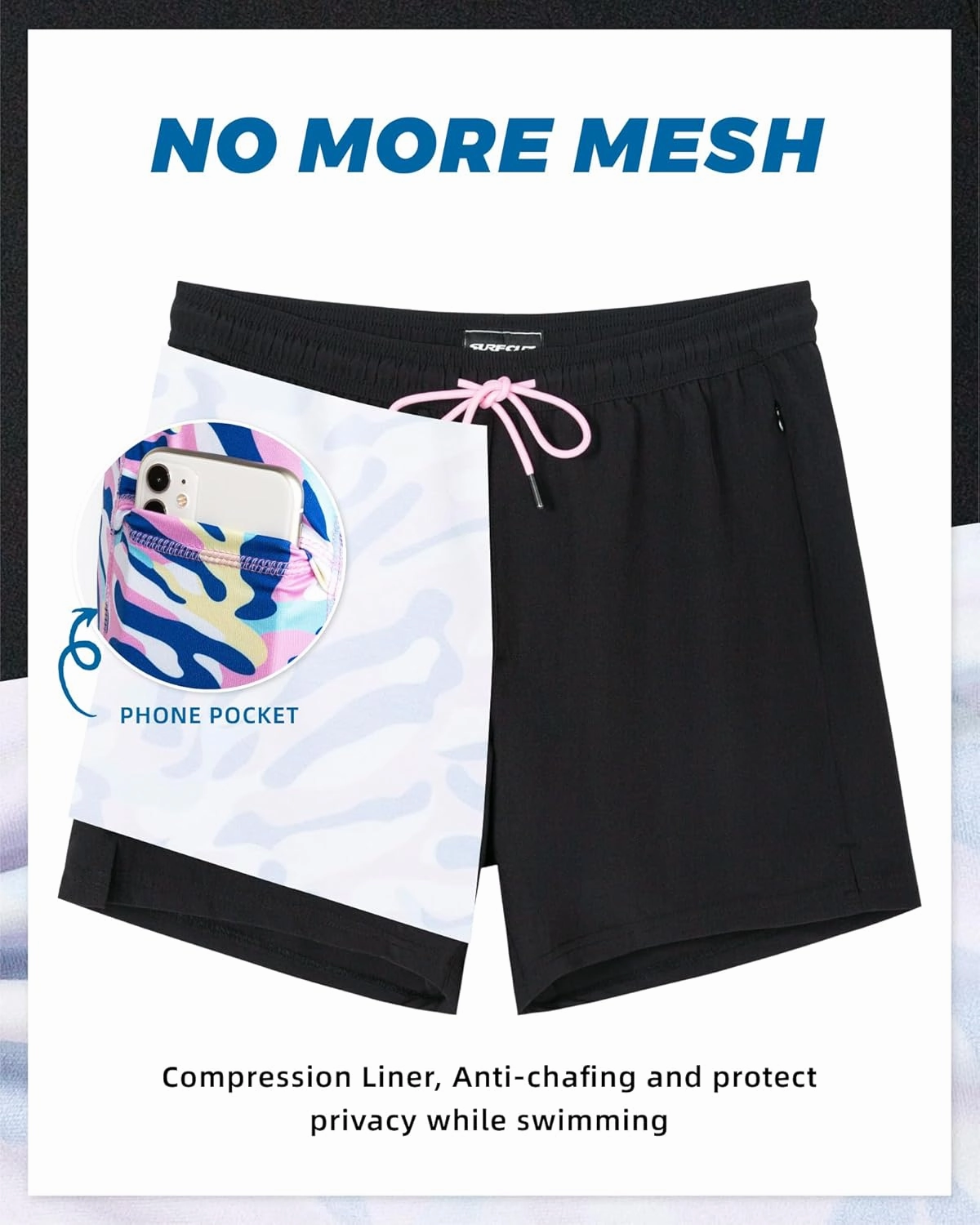 SURF CUZ Mens Swim Trunks with Compression Liner 5" Swim Shorts Quick Dry Bathing Suit Swimming Trunks Zipper Pockets