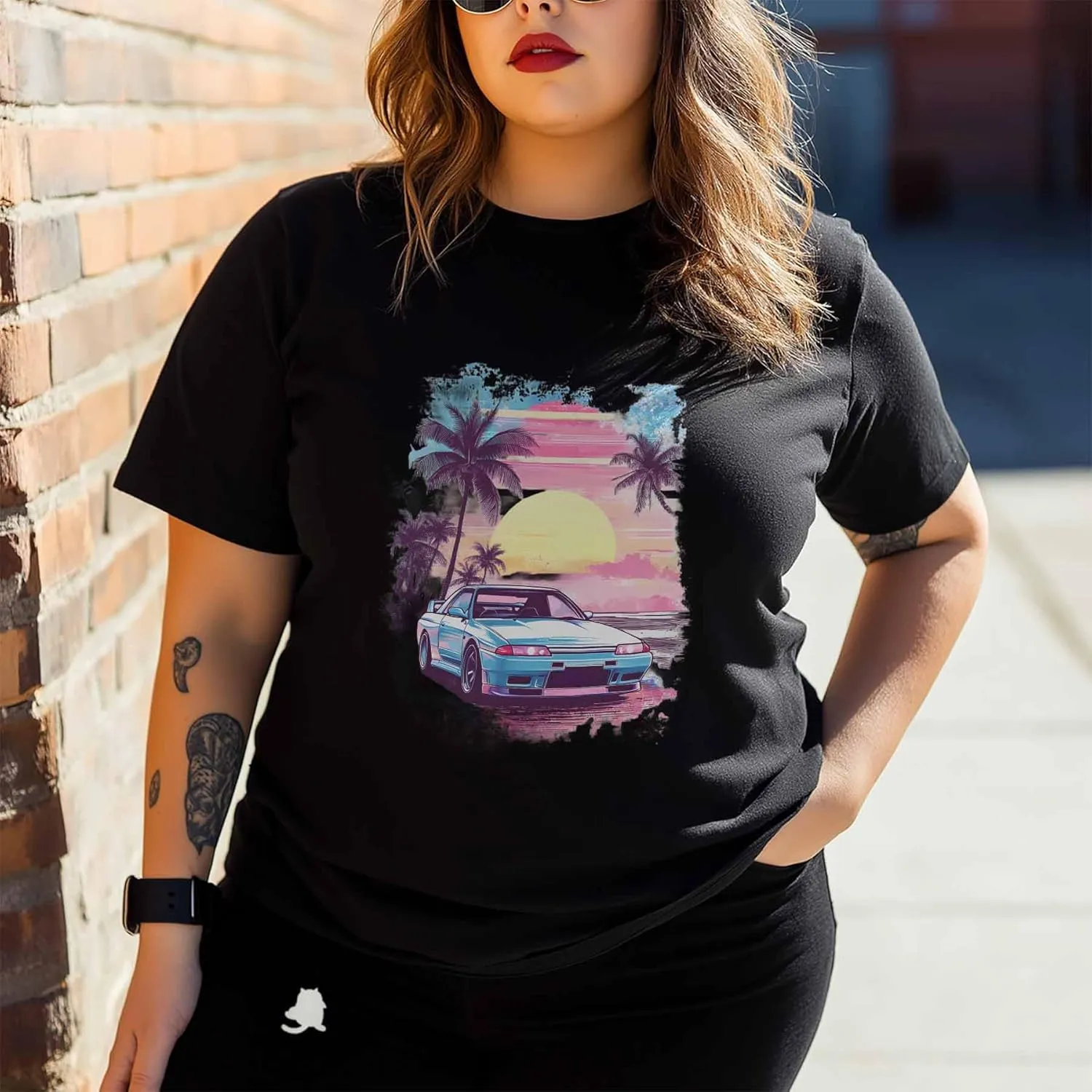 T-Shirts for Women Racing Car Pink Sky Women's Tops Crew Neck Short Sleeve Tees