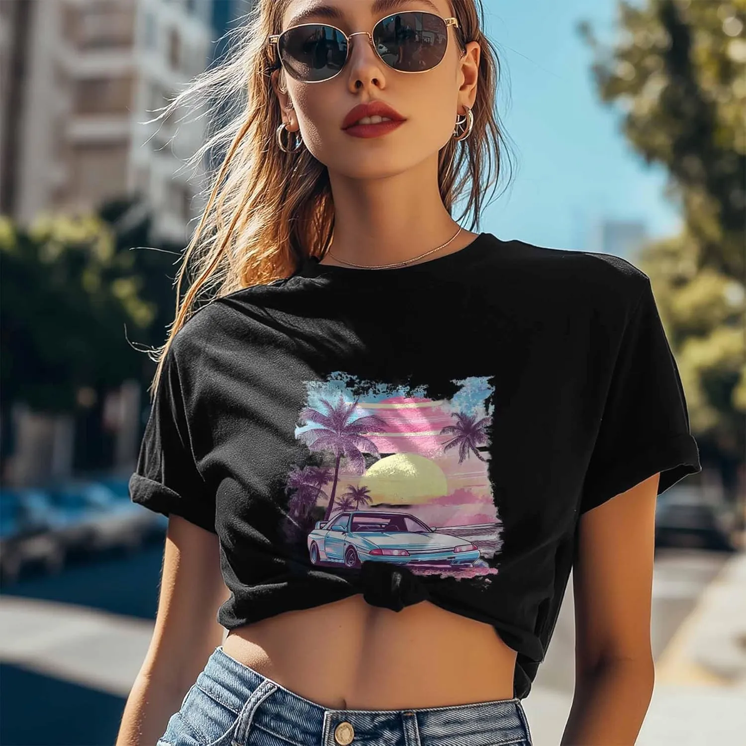 T-Shirts for Women Racing Car Pink Sky Women's Tops Crew Neck Short Sleeve Tees