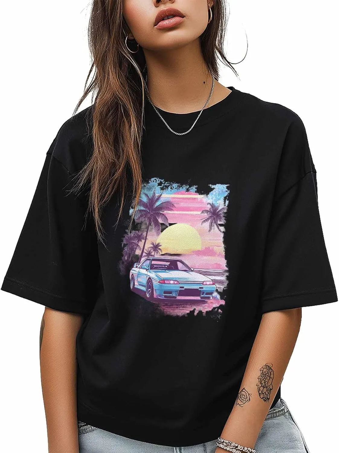 T-Shirts for Women Racing Car Pink Sky Women's Tops Crew Neck Short Sleeve Tees