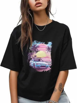 T-Shirts for Women Racing Car Pink Sky Women's Tops Crew Neck Short Sleeve Tees