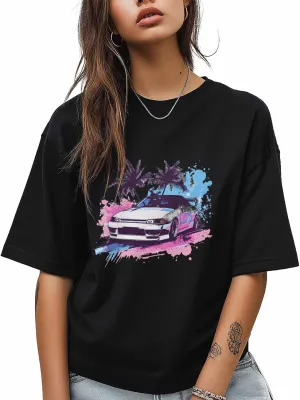 T-Shirts for Women Racing Car with Palm Trees Women's Tops Crew Neck Short Sleeve Tees