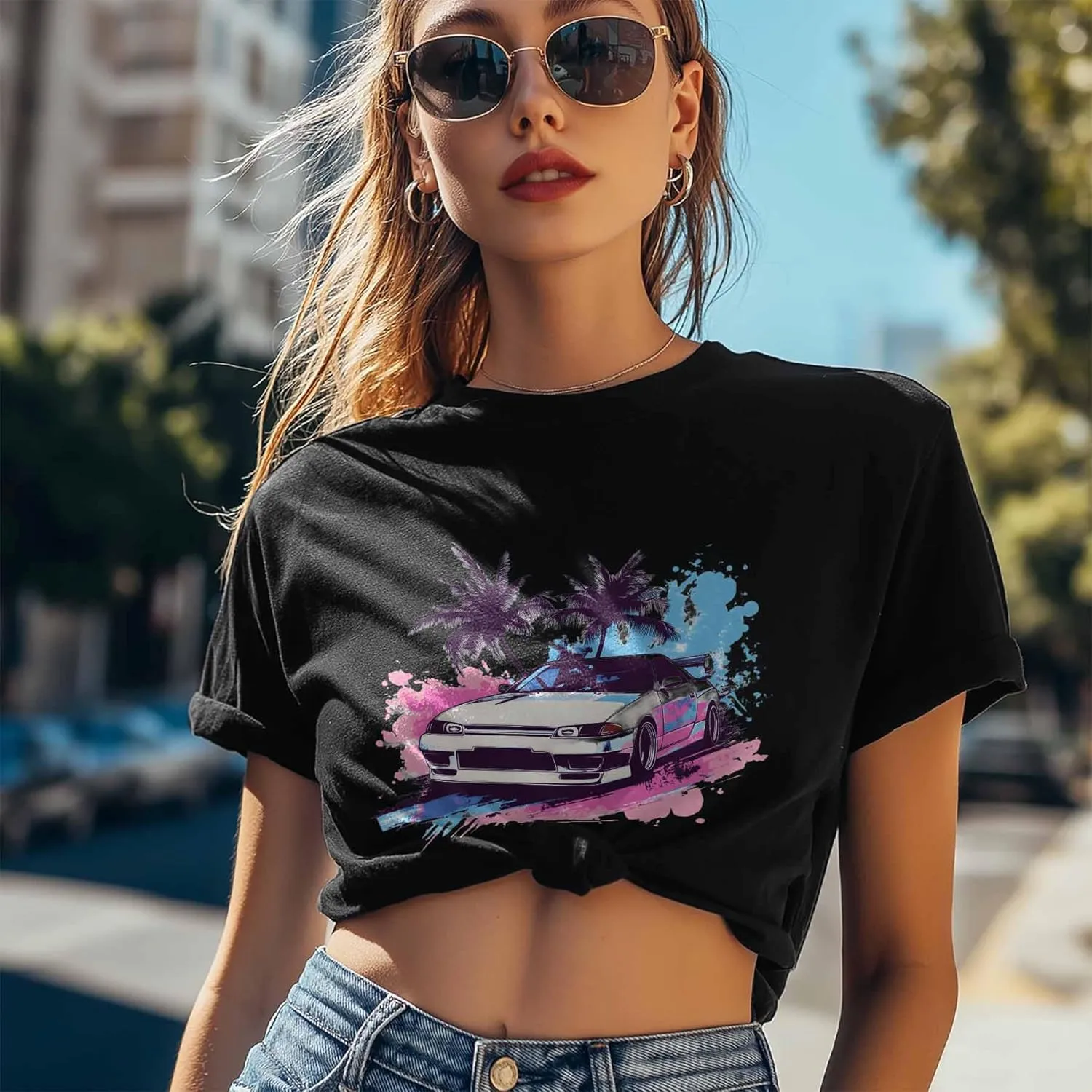 T-Shirts for Women Racing Car with Palm Trees Women's Tops Crew Neck Short Sleeve Tees
