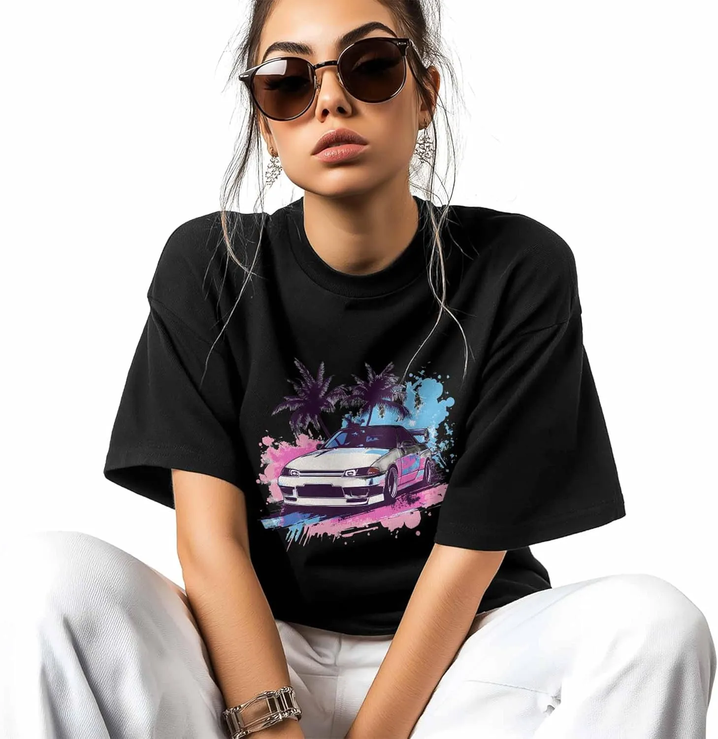 T-Shirts for Women Racing Car with Palm Trees Women's Tops Crew Neck Short Sleeve Tees