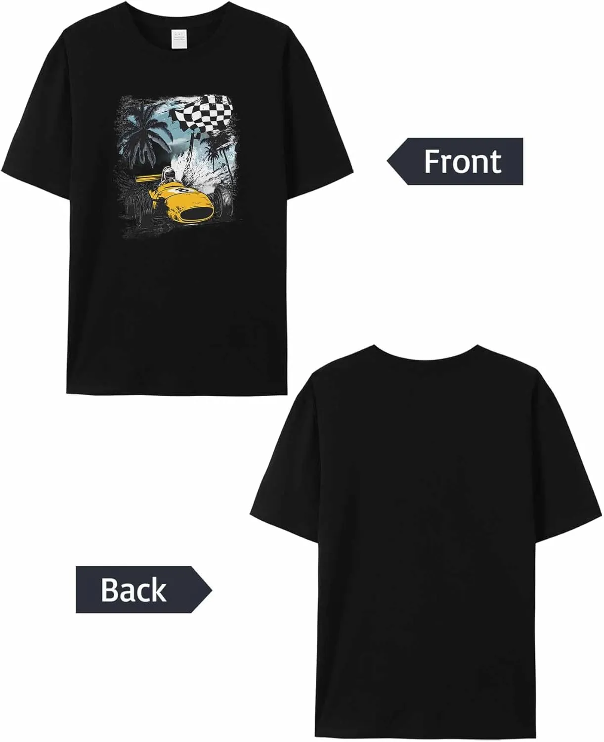 T-Shirts for Women Yellow Racing Car Palm Trees Women's Tops Crew Neck Short Sleeve Tees