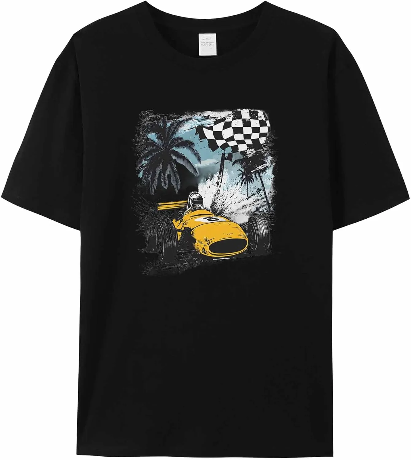 T-Shirts for Women Yellow Racing Car Palm Trees Women's Tops Crew Neck Short Sleeve Tees