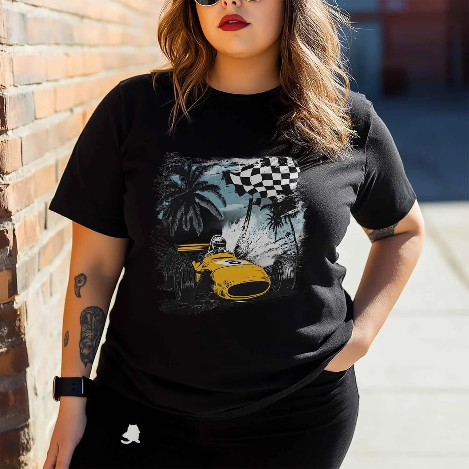 T-Shirts for Women Yellow Racing Car Palm Trees Women's Tops Crew Neck Short Sleeve Tees