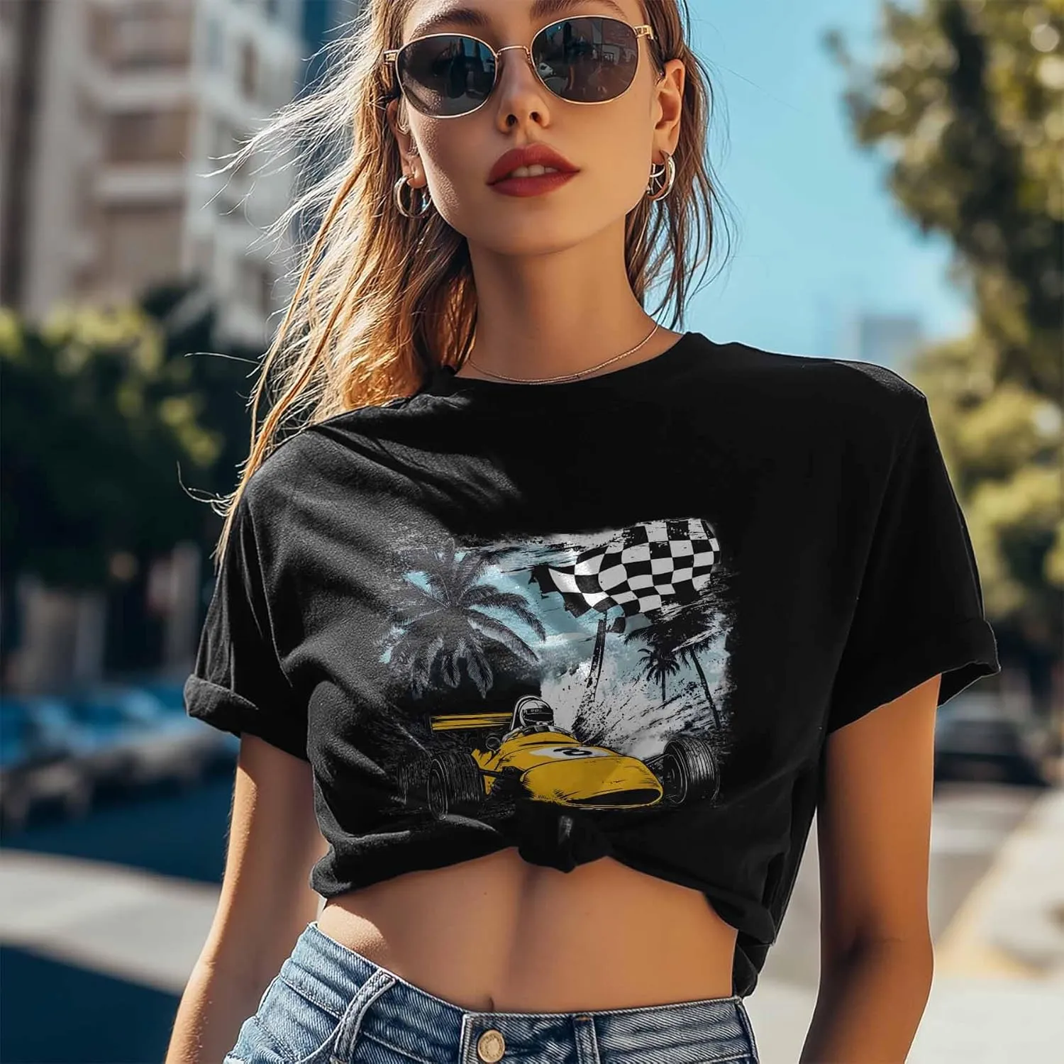 T-Shirts for Women Yellow Racing Car Palm Trees Women's Tops Crew Neck Short Sleeve Tees