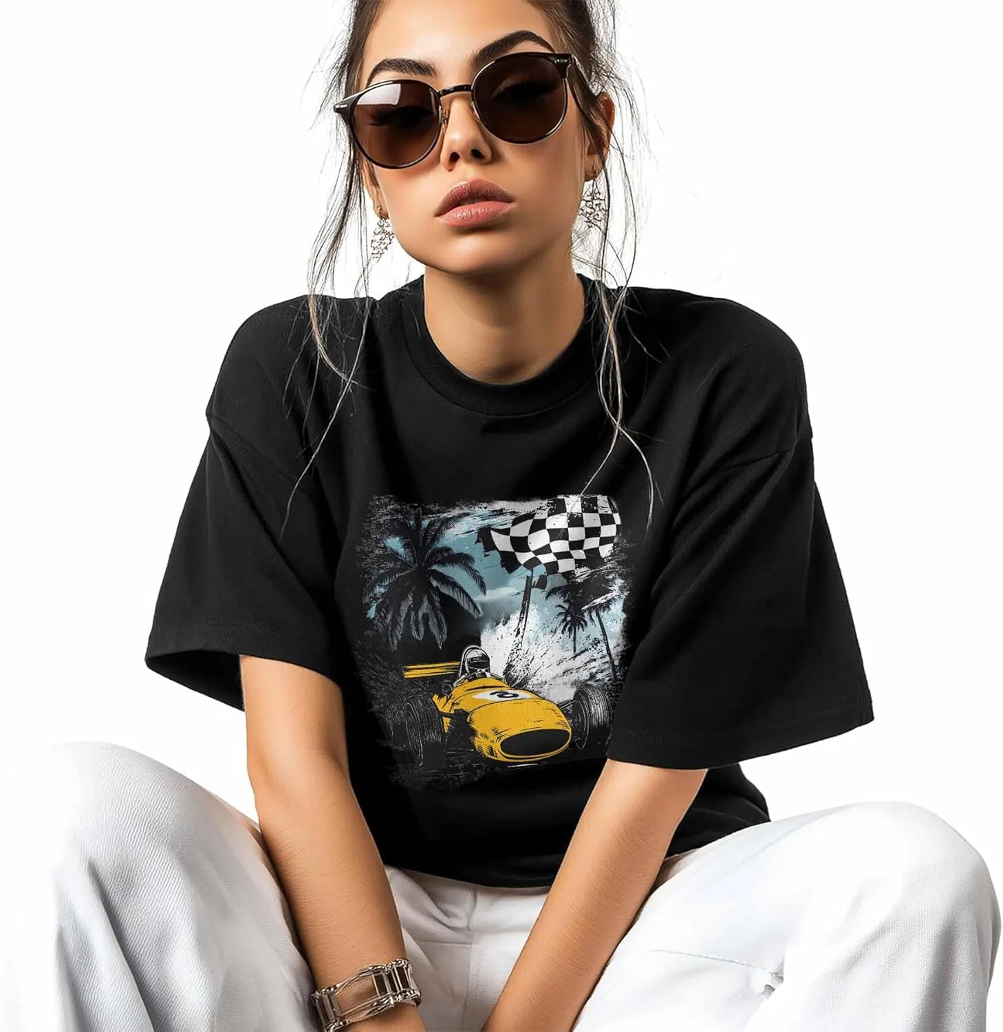 T-Shirts for Women Yellow Racing Car Palm Trees Women's Tops Crew Neck Short Sleeve Tees