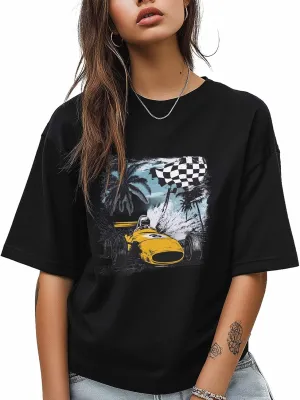 T-Shirts for Women Yellow Racing Car Palm Trees Women's Tops Crew Neck Short Sleeve Tees