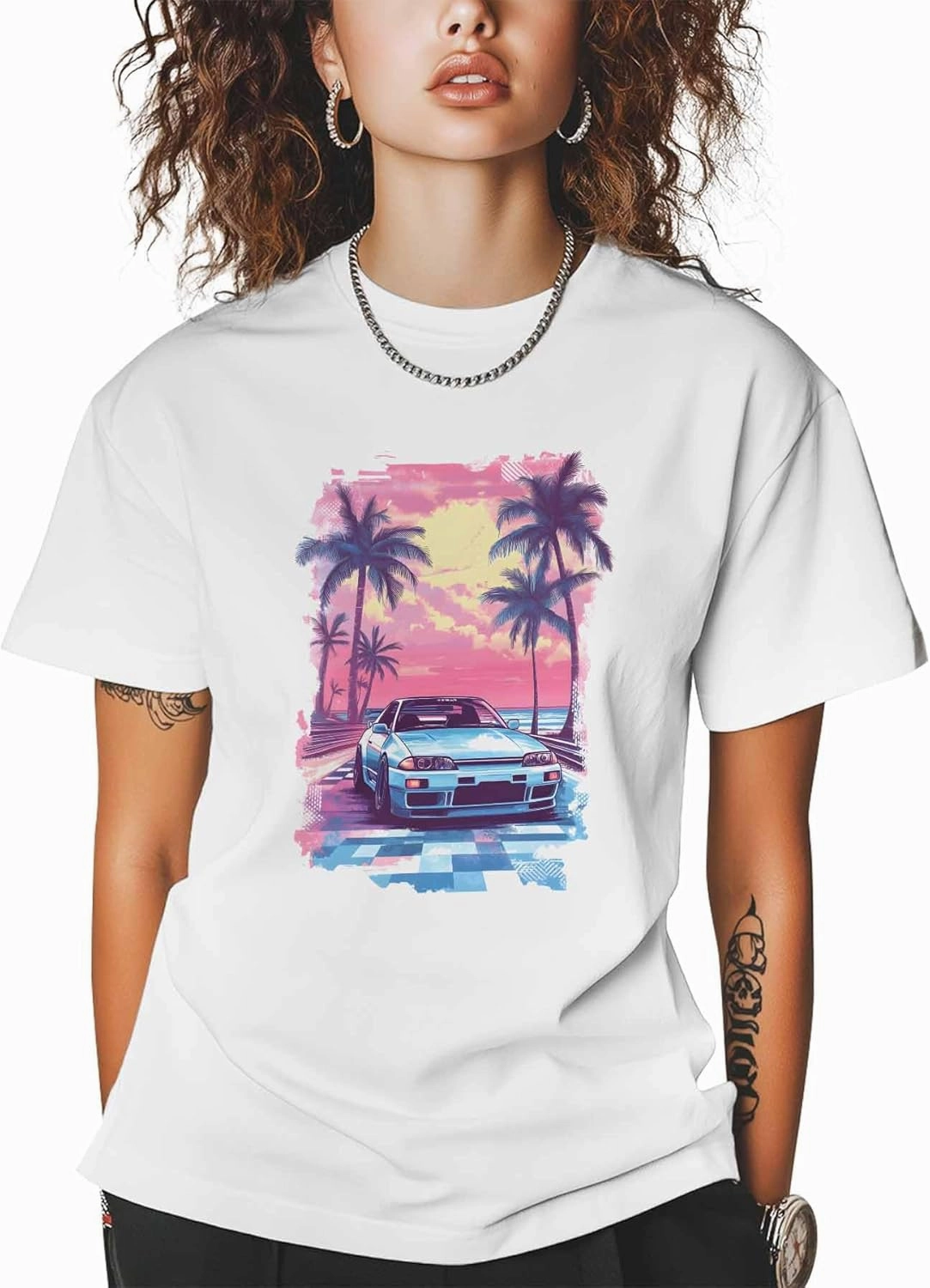 T-Shirts for Women Racing Car Pink Sky Trees Women's Tops Crew Neck Short Sleeve Tees