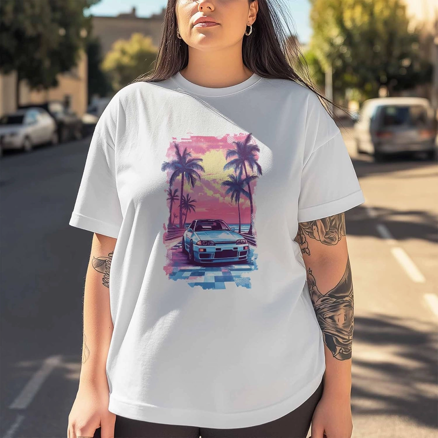 T-Shirts for Women Racing Car Pink Sky Trees Women's Tops Crew Neck Short Sleeve Tees