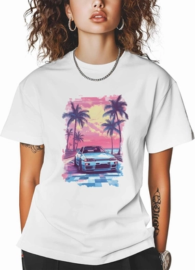 T-Shirts for Women Racing Car Pink Sky Trees Women's Tops Crew Neck Short Sleeve Tees