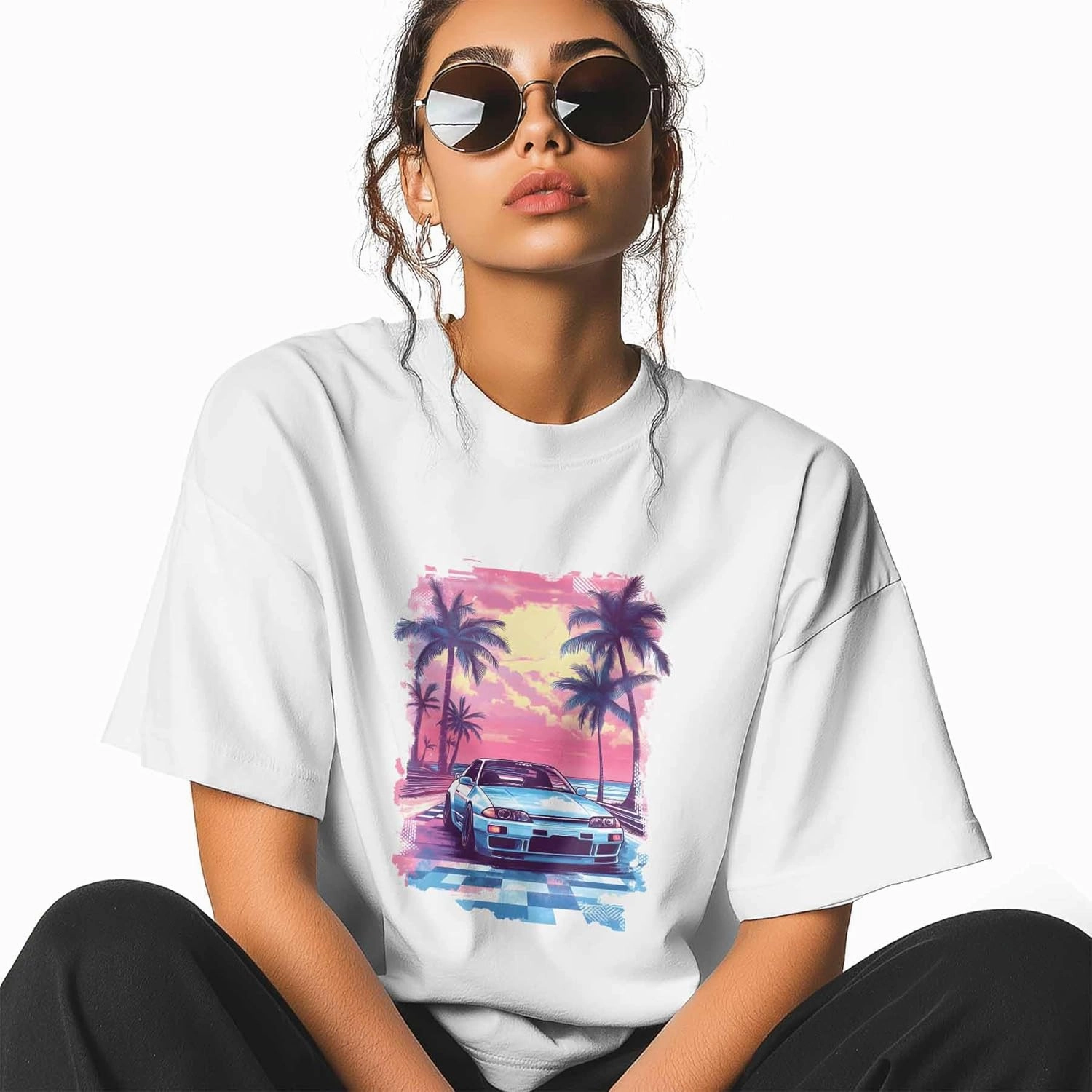 T-Shirts for Women Racing Car Pink Sky Trees Women's Tops Crew Neck Short Sleeve Tees