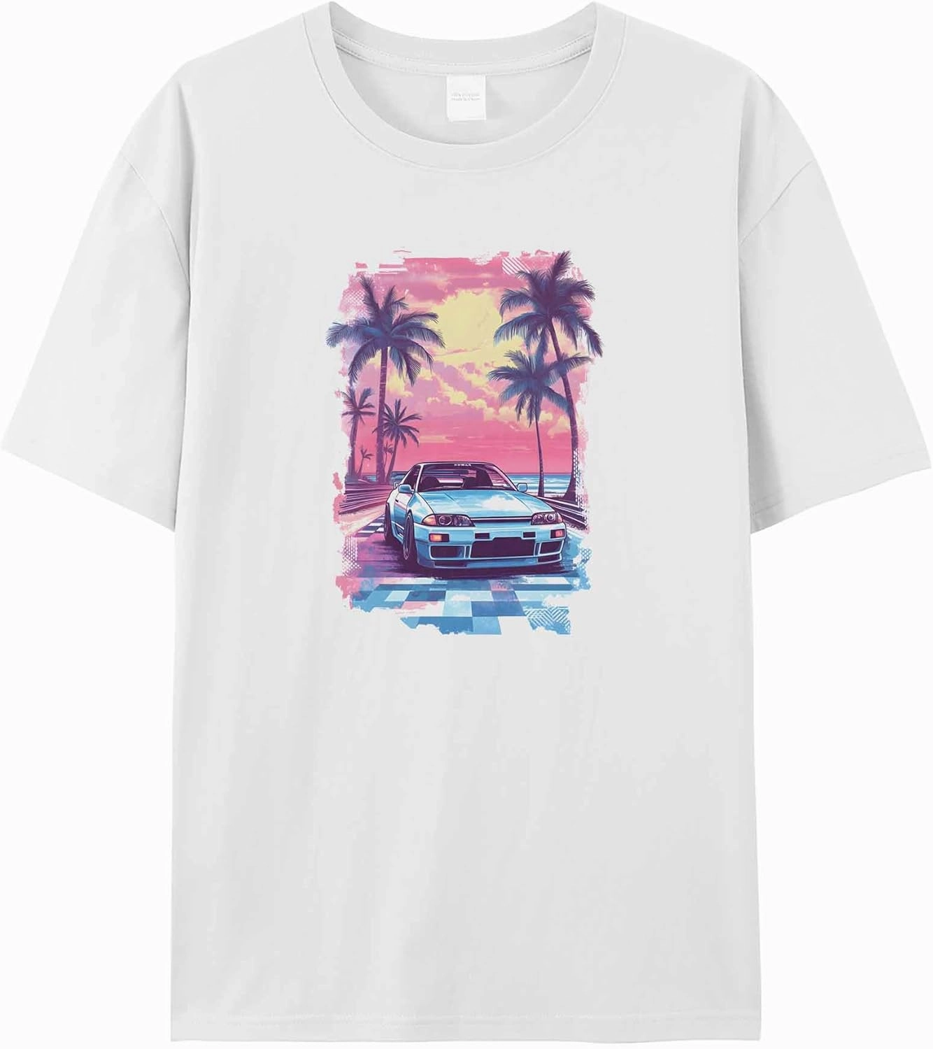 T-Shirts for Women Racing Car Pink Sky Trees Women's Tops Crew Neck Short Sleeve Tees
