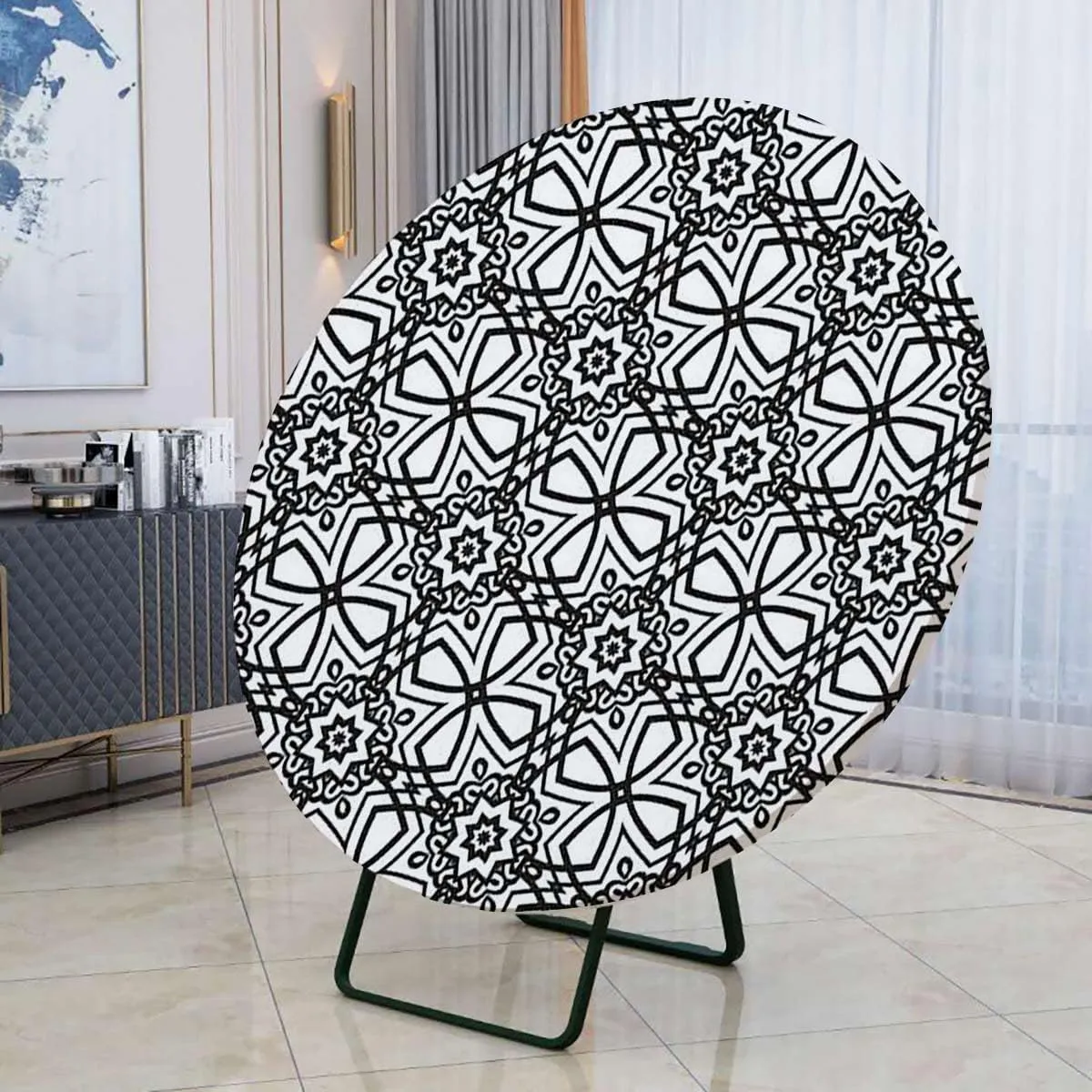 Table Cover for Kitchen and Dining Room Ancient Oriental Damask Pattern Floral Outdoor Wrinkle Polyester Tabletop Cover for Dining Table Antique Fits up 42"-46" Diameter Tables White Black