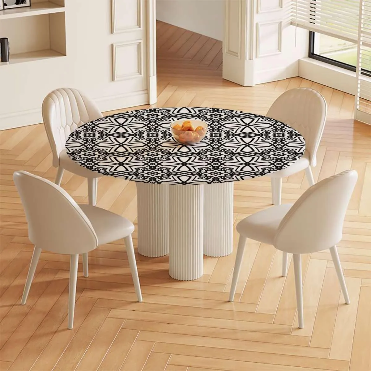 Table Cover for Kitchen and Dining Room Ancient Oriental Damask Pattern Floral Outdoor Wrinkle Polyester Tabletop Cover for Dining Table Antique Fits up 42"-46" Diameter Tables White Black