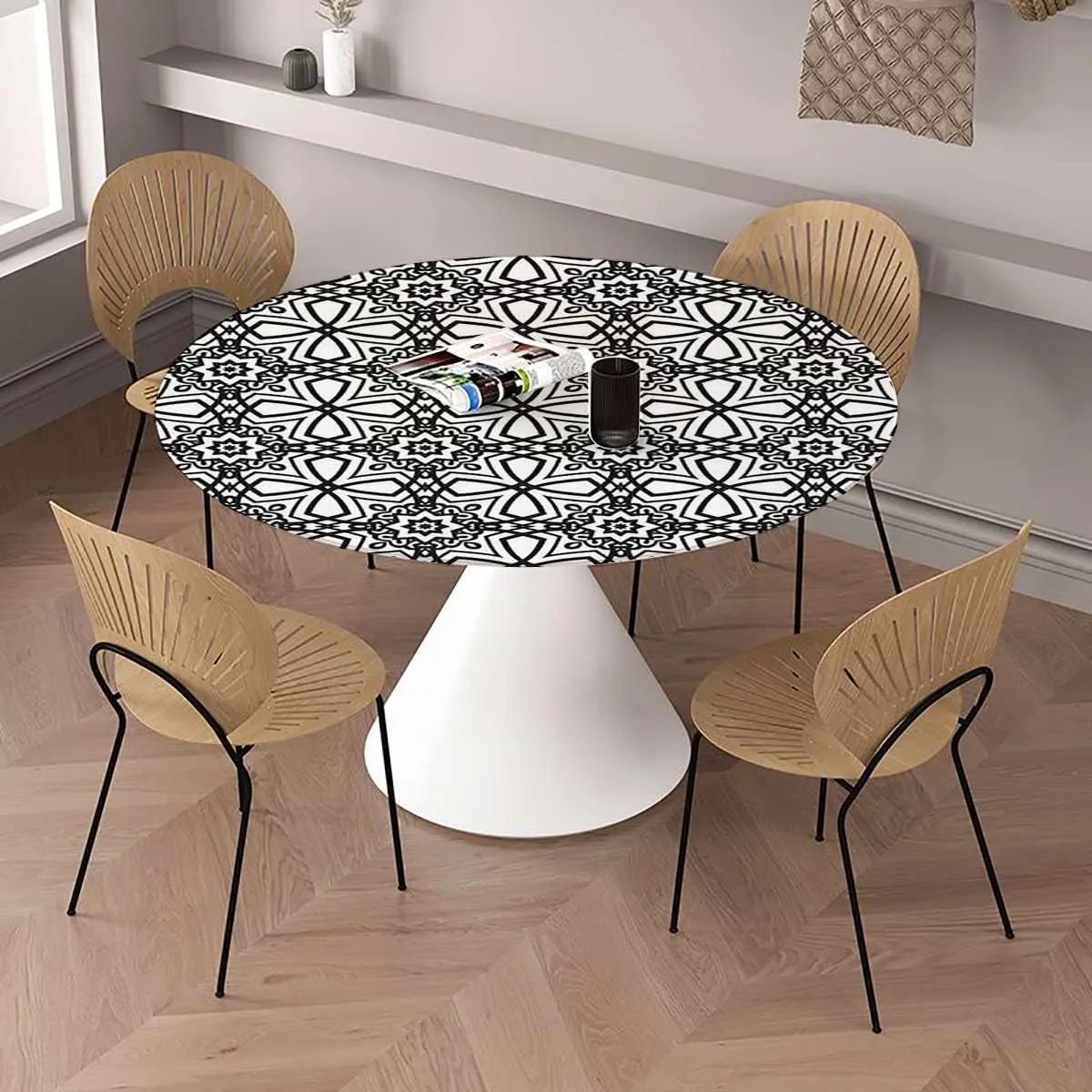 Table Cover for Kitchen and Dining Room Ancient Oriental Damask Pattern Floral Outdoor Wrinkle Polyester Tabletop Cover for Dining Table Antique Fits up 42"-46" Diameter Tables White Black