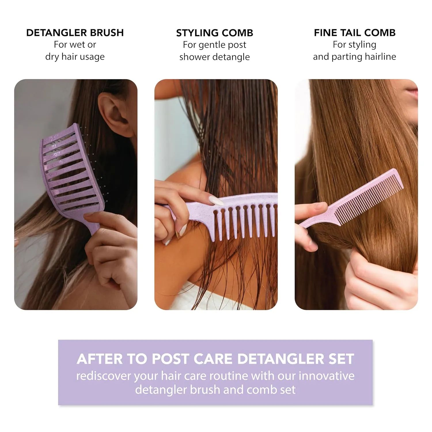 TADA Natural Beauty Set Hair Brush Detangler for All Hair Type Curly, Thick, Wavy, and Thin Hair - Hair Brush Set for Women, Men, Kids (3PK Lavender)