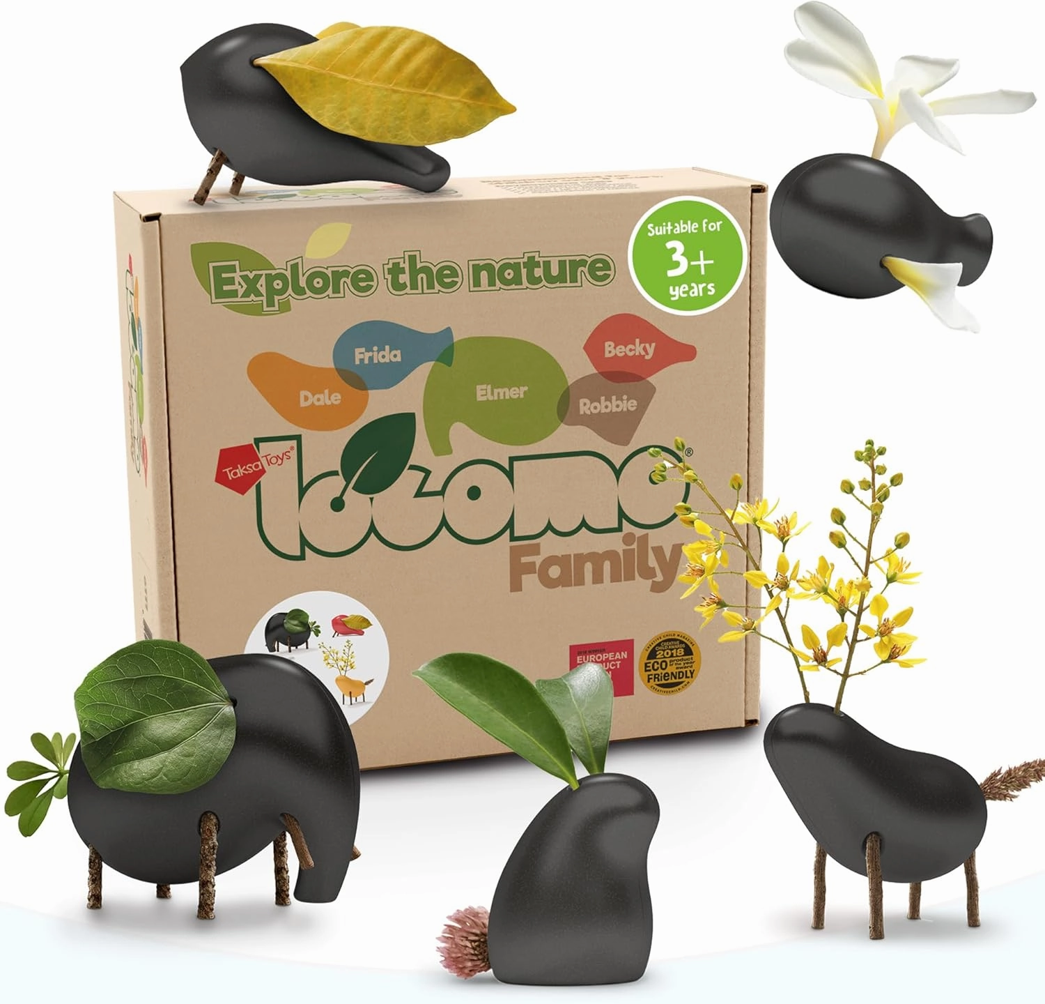 Taksa Toys Locomo Family Black Edition Waldorf Montessori Toys Wooden Animal Figures for Outdoor-Loving Kids, Trigger Boys Girls Creativity, Sensory Toddler Toys for Ages 3 4 5 6 7  Olds (Set of 5)