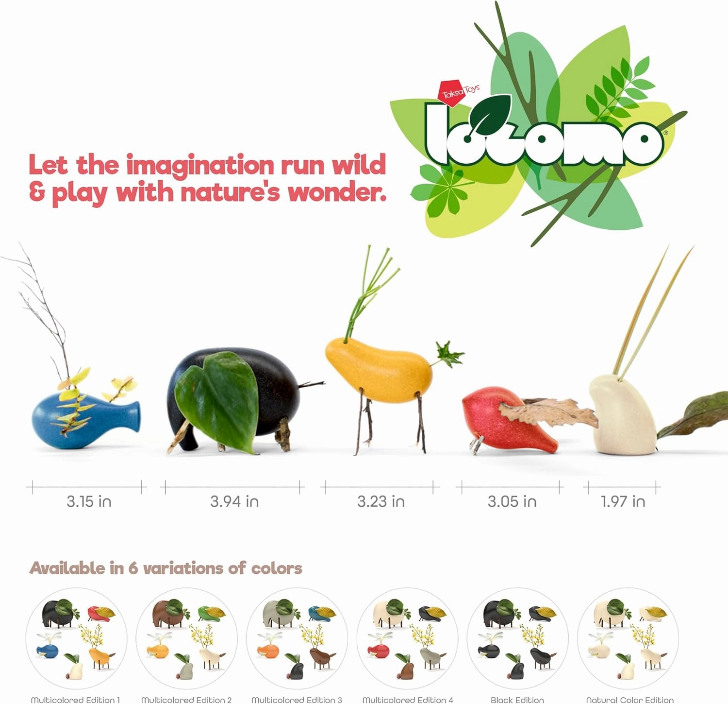 Taksa Toys Locomo Family Black Edition Waldorf Montessori Toys Wooden Animal Figures for Outdoor-Loving Kids, Trigger Boys Girls Creativity, Sensory Toddler Toys for Ages 3 4 5 6 7  Olds (Set of 5)