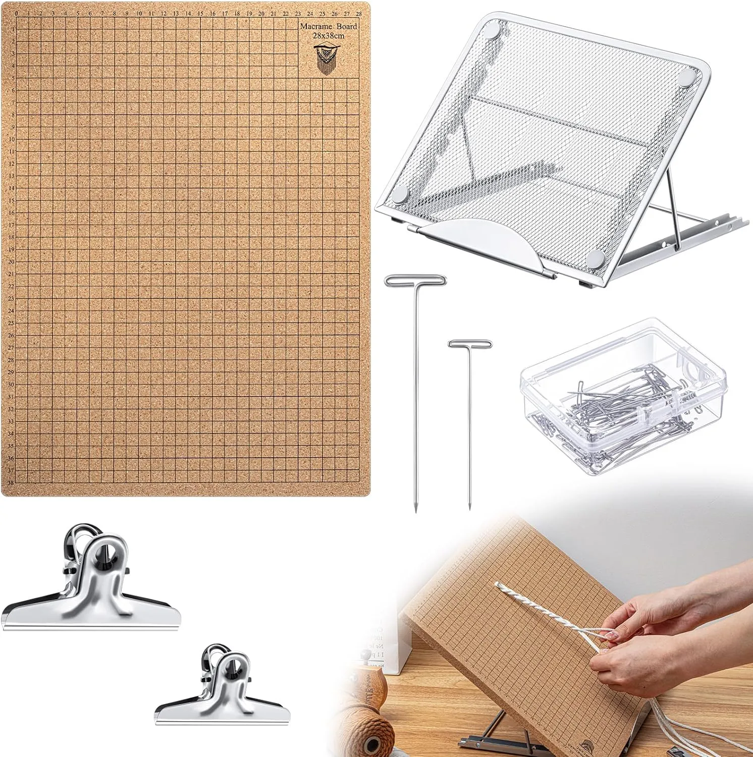 Tandefio 104 Pcs 12x16 Inch Macrame Board and Metal Adjustable Holder with T Pins Clips Macrame Project Supplies Tools Double Sided Grids for Braiding Cording Bracelet Creating