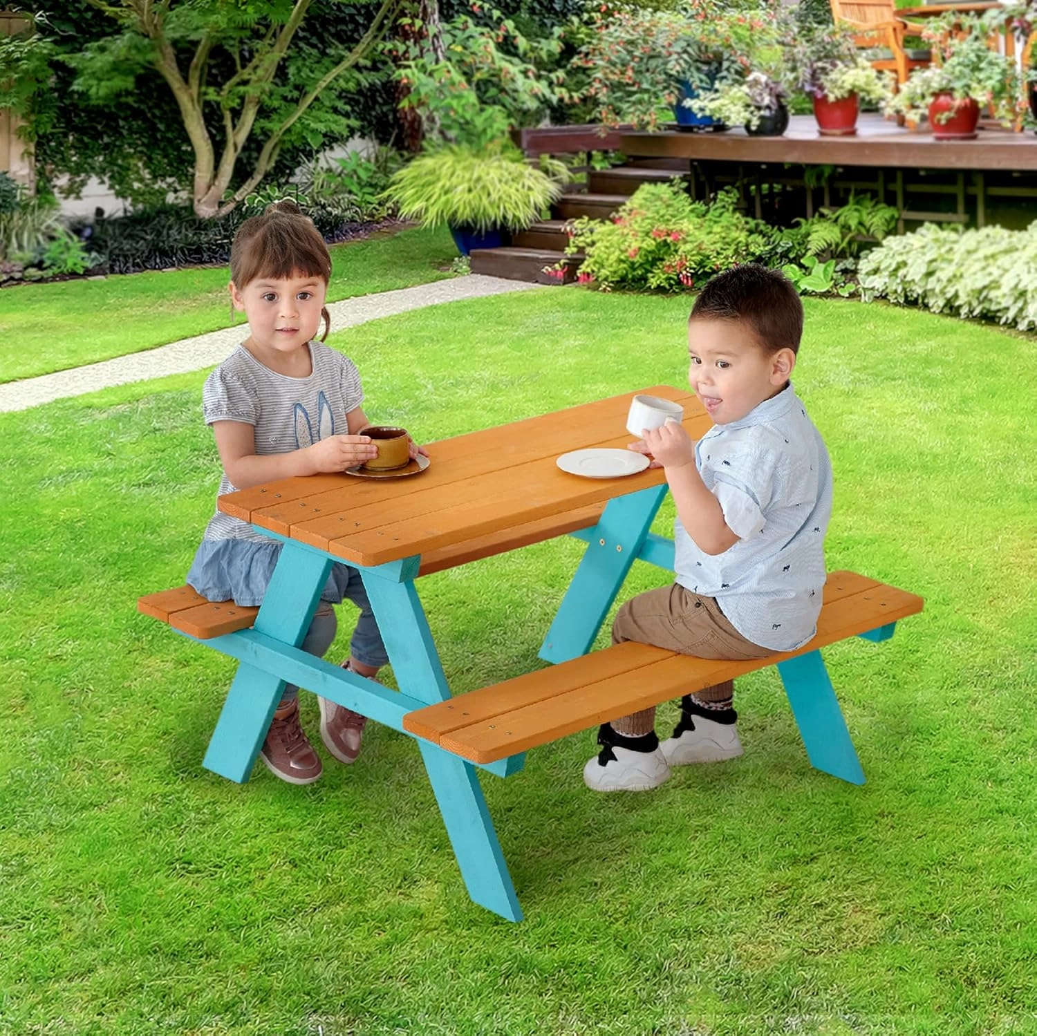 Teamson Kids - Wooden Outdoor Child Children Kids Picnic Table & Chair Bench Set - Brown/Aqua