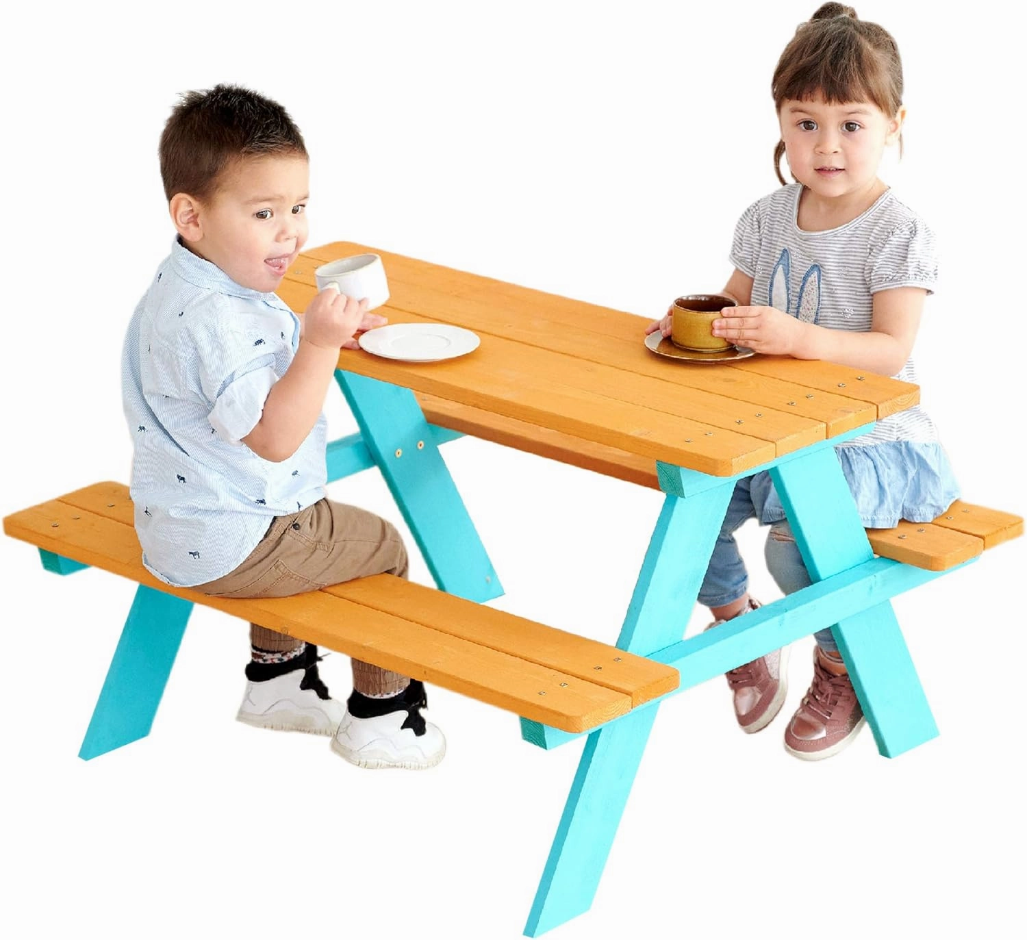 Teamson Kids - Wooden Outdoor Child Children Kids Picnic Table & Chair Bench Set - Brown/Aqua