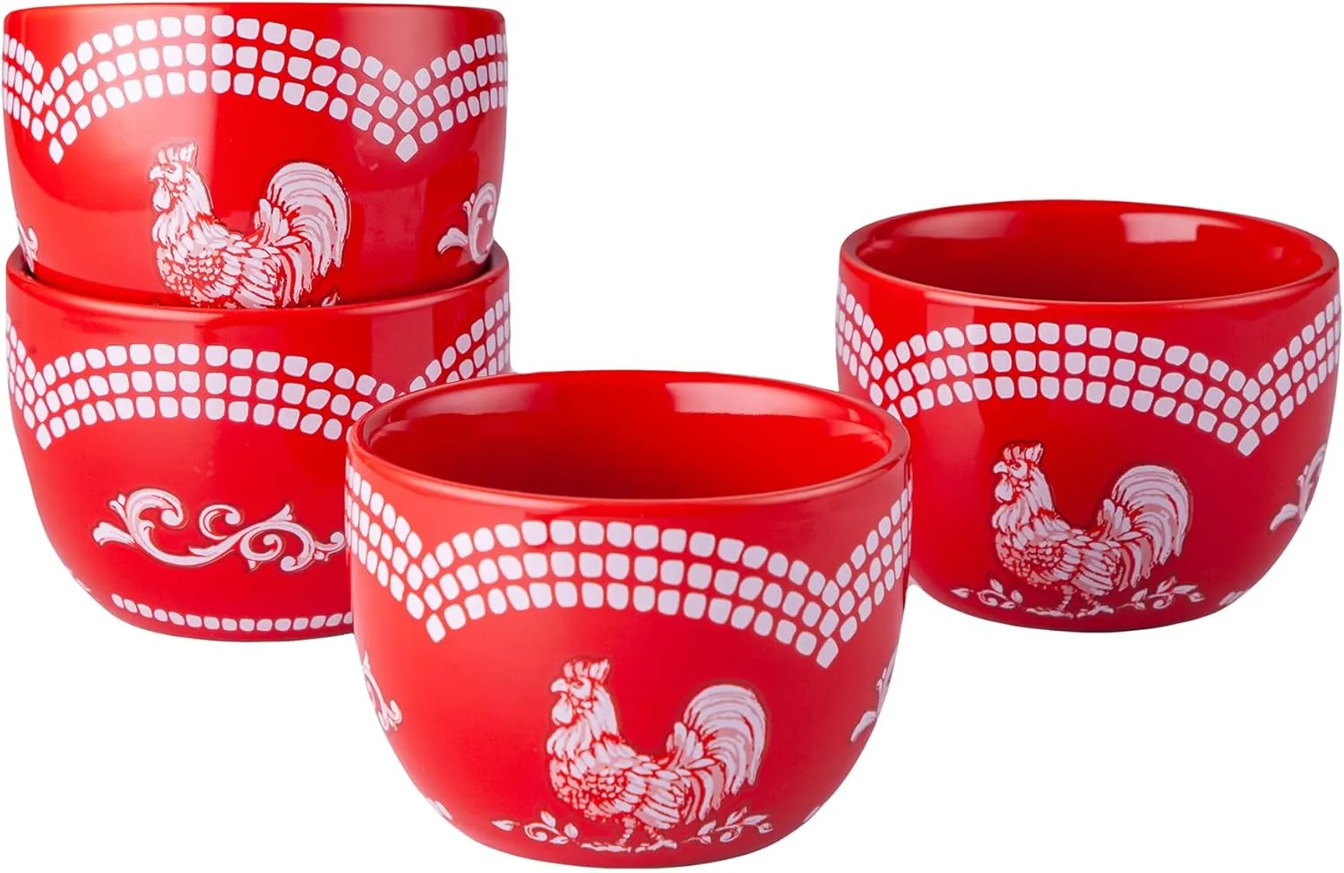 Temp-Tations 8 oz Ramekins Oven Safe in Doodle Red - Set of 4 Creme Brulee Dessert Cups, Small Dipping Bowls for Baking, Ice Cream, Soufflé Dishes or Charcuterie, Ceramic Single Serve Dish