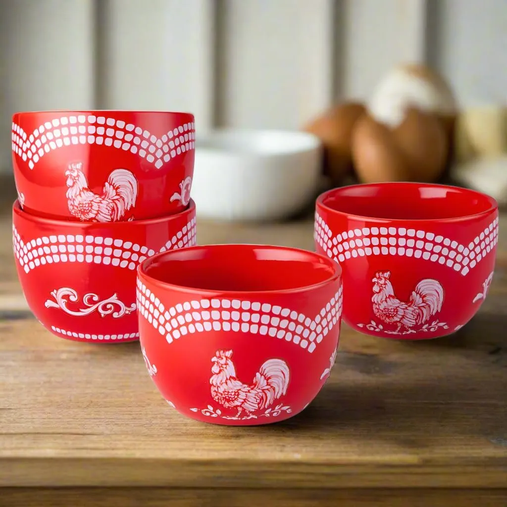 Temp-Tations 8 oz Ramekins Oven Safe in Doodle Red - Set of 4 Creme Brulee Dessert Cups, Small Dipping Bowls for Baking, Ice Cream, Soufflé Dishes or Charcuterie, Ceramic Single Serve Dish