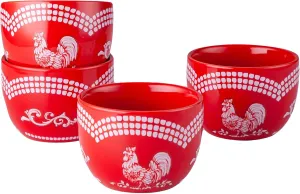 Temp-Tations 8 oz Ramekins Oven Safe in Doodle Red - Set of 4 Creme Brulee Dessert Cups, Small Dipping Bowls for Baking, Ice Cream, Soufflé Dishes or Charcuterie, Ceramic Single Serve Dish