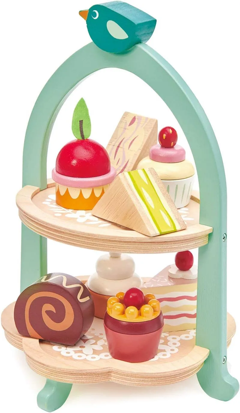 Tender Leaf Toys - Mini Chef Birdie Afternoon Tea Stand – Realistic English Sandwich, Cake and Pastry Tower for Pretend Play High-Tea Party - Social, Creative, and Imaginative Role Play - Age 3 