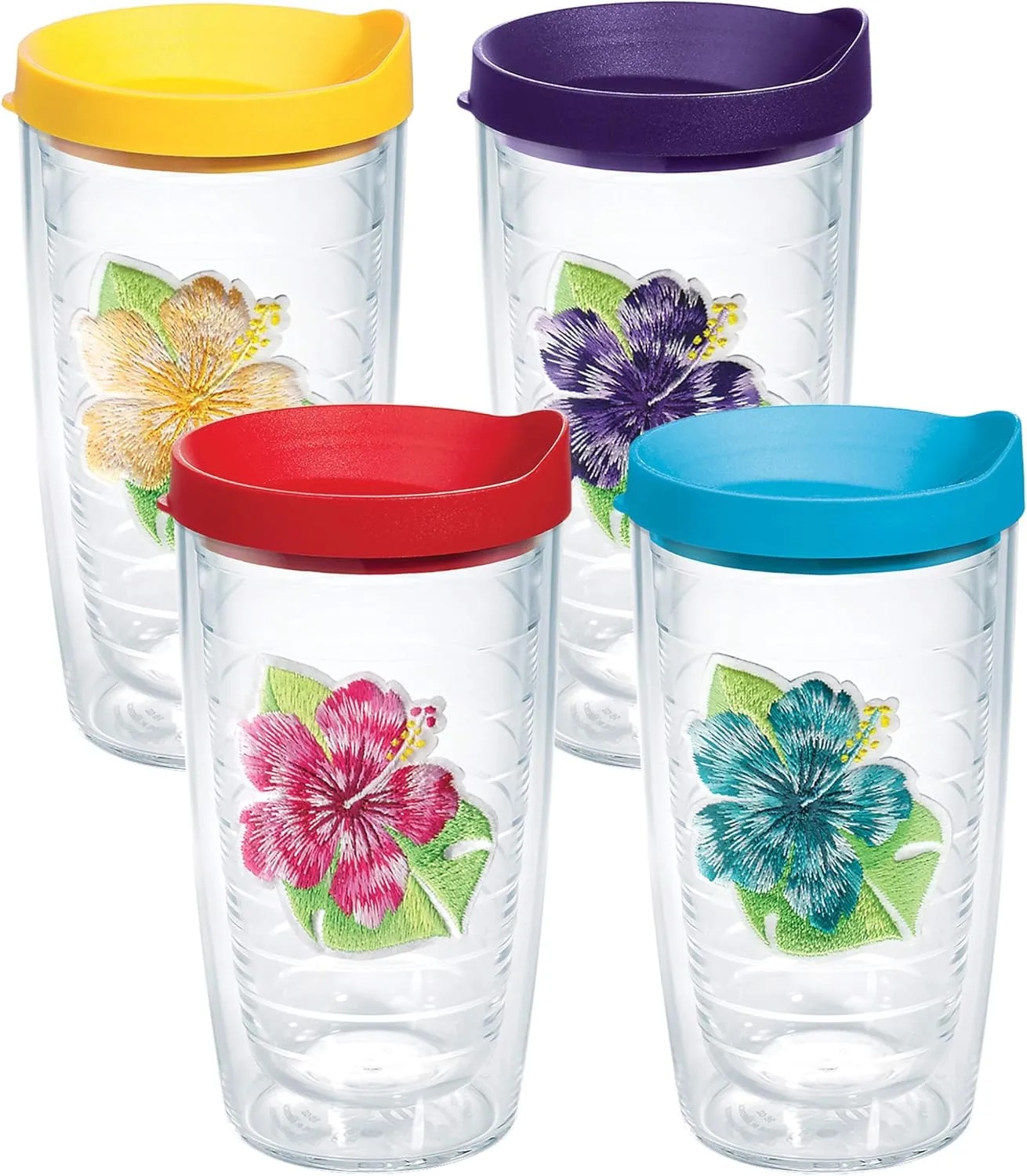Tervis Tropical Hibiscus Collection Made in USA Double Walled Insulated Tumbler Travel Cup Keeps Drinks Cold & Hot, 16oz 4pk, Assorted Island Hibiscus - With Lid