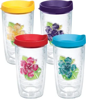 Tervis Tropical Hibiscus Collection Made in USA Double Walled Insulated Tumbler Travel Cup Keeps Drinks Cold & Hot, 16oz 4pk, Assorted Island Hibiscus - With Lid