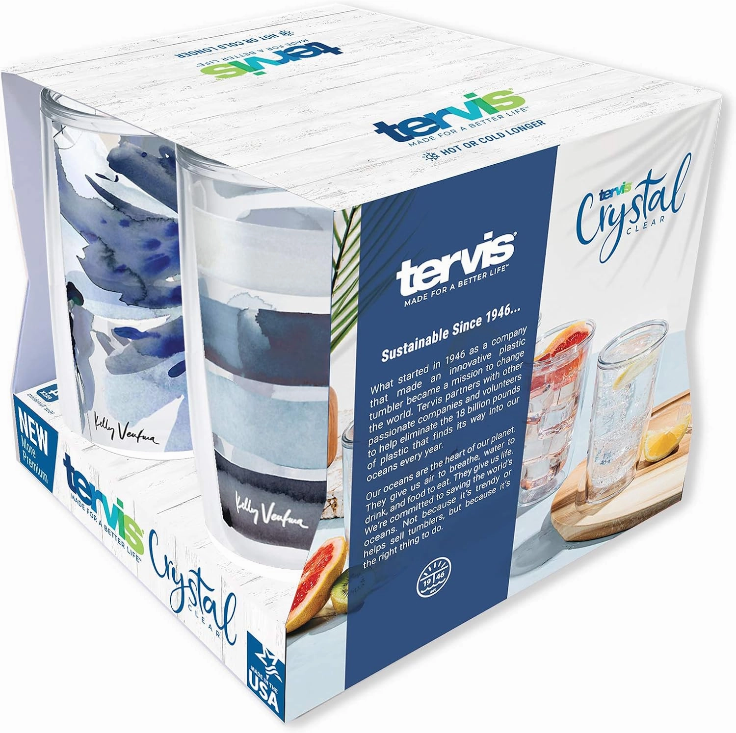 Tervis Kelly Ventura Crystal True Blue Collection Made in USA Double Walled Insulated Tumbler Travel Cup Keeps Drinks Cold & Hot, 16oz 4pk, Assorted