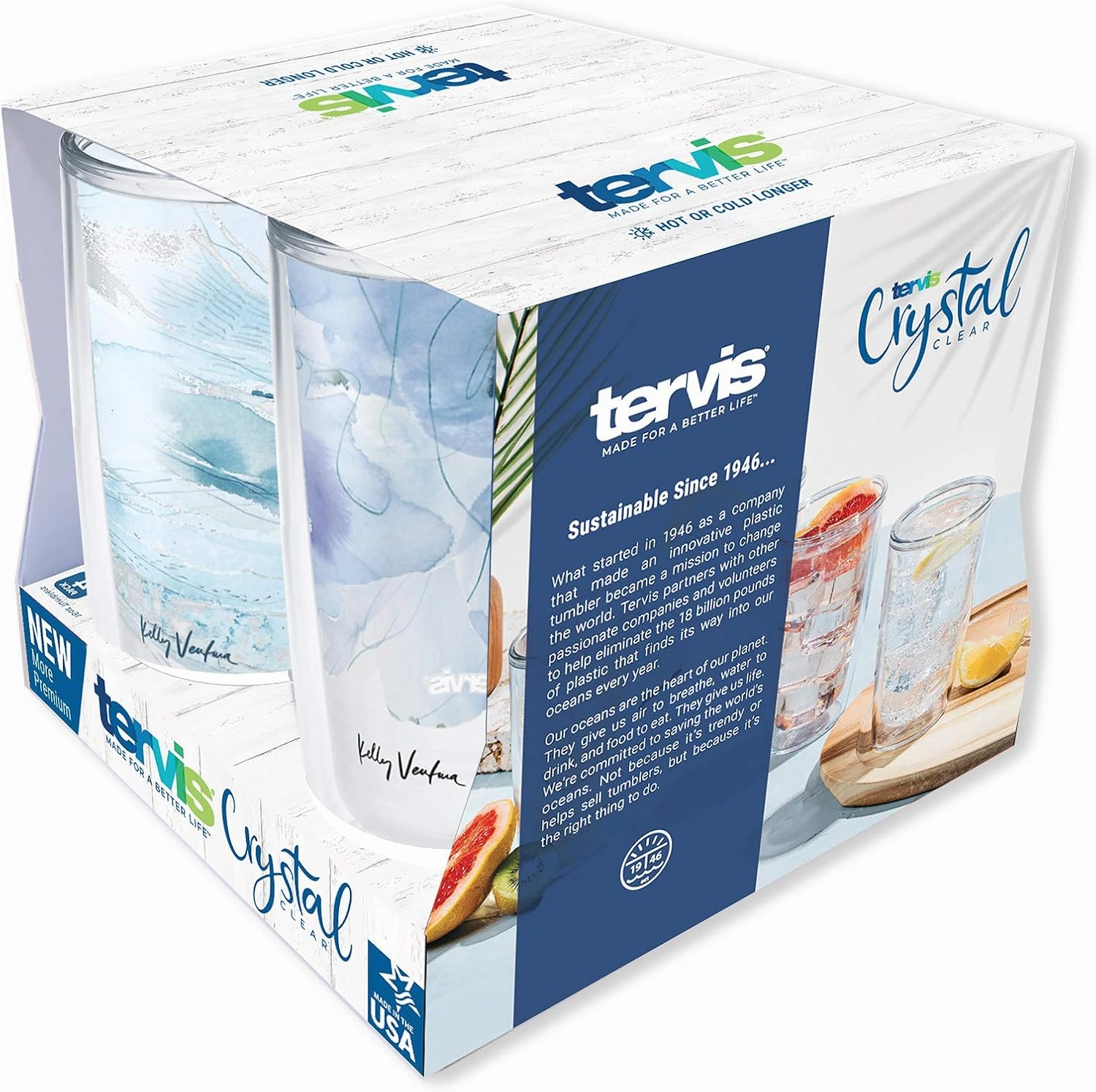 Tervis Kelly Ventura Crystal True Blue Collection Made in USA Double Walled Insulated Tumbler Travel Cup Keeps Drinks Cold & Hot, 16oz 4pk, Assorted