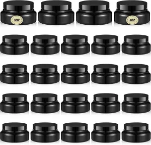 Tessco 24 Pack Plastic Jars with Lids Labels Empty Clear Plastic Jars Round Refillable Cosmetic Containers Body Butter Containers Bulk Sugar Scrub Bottle for Make Up(5 oz,Black)