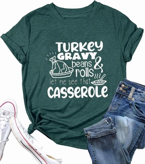 Thanksgiving Shirt Women Turkey Gravy Beans and Rolls T Shirt Funny Graphic Short Sleeve Tee Tops