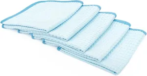 The Rag Company - Dry Me A River - Professional Korean 70/30 Blend Microfiber Waffle-Weave Drying & Detailing Towels, Soft Suede Edges, 390gsm, 16in x 16in, Light Blue (5-Pack)