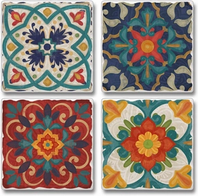 Thirstystone Spanish Villa Multi-Image Absorbent Stone Tumbled Tile Coaster 4 Pack with Protective Cork Backing Manufactured in The USA